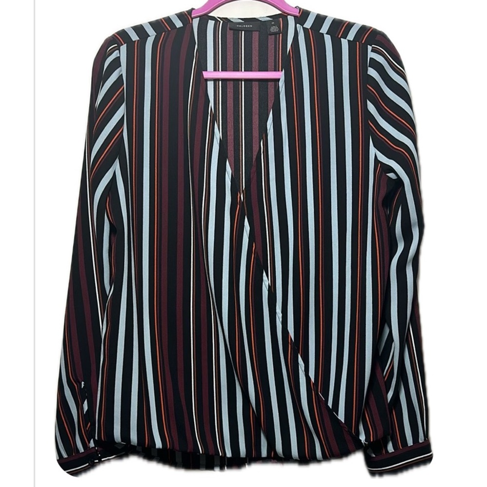 Halogen Striped Wrap Blouse, Black Burgundy teal, Long Sleeve‎ - size M - NWOT